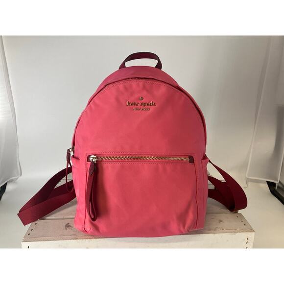 KATE SPADE, SMALL PINK AND MAROON NYLON BACKPACK WITH POCKET - Picture 2 of 16
